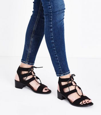 black suedette low block heel ghillie sandals