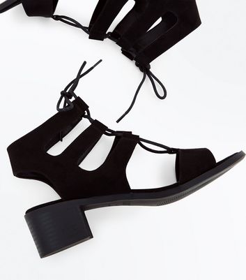 black suedette low block heel ghillie sandals