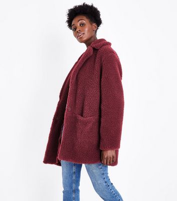 burgundy long teddy coat