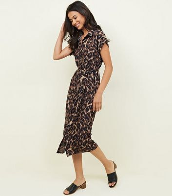 leopard print shirt midi dress