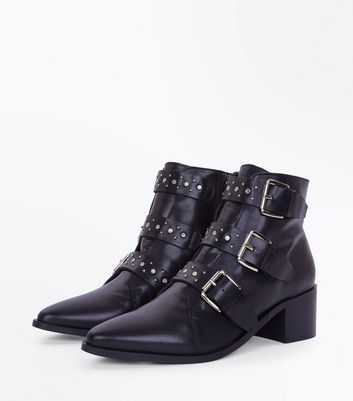 black studded buckle ankle boots