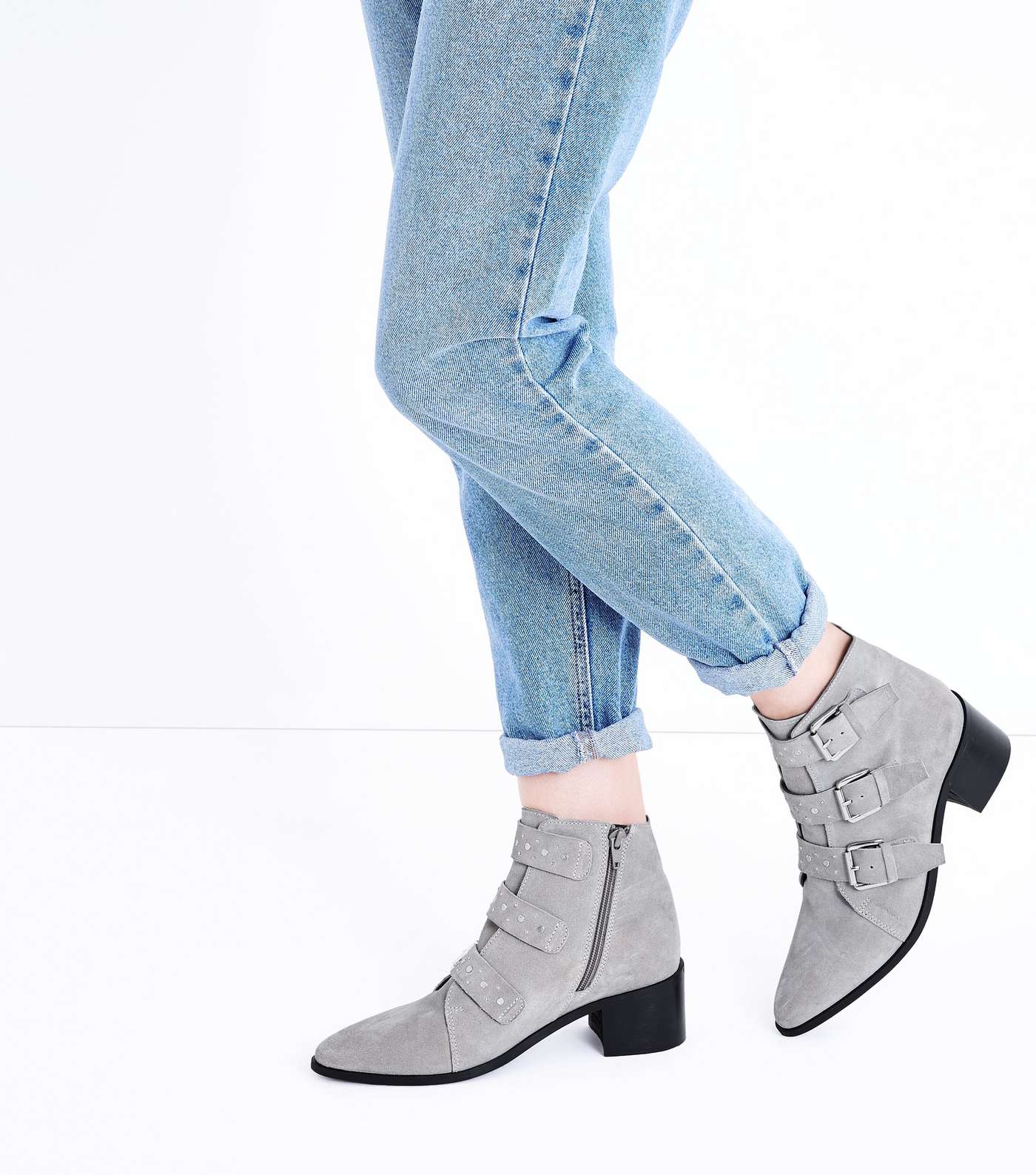 Grey Premium Suede Stud Buckle Ankle Boots Image 2