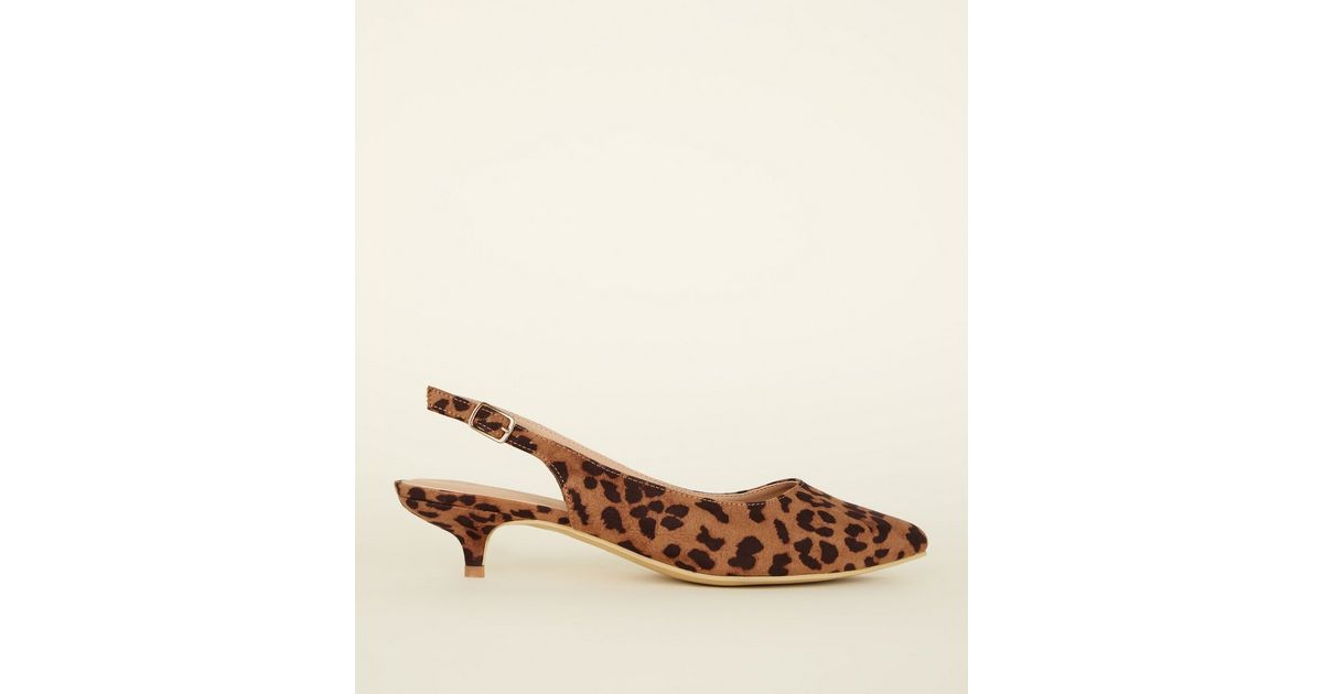 Wide Fit Stone Leopard Print Kitten Heel Slingbacks | New Look