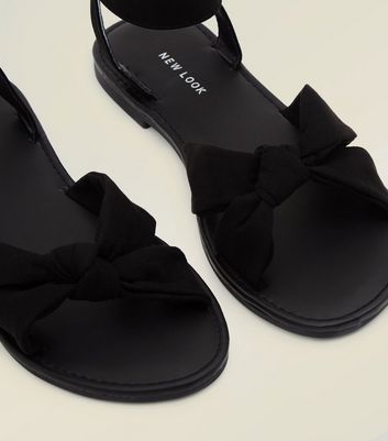 Black Bow Strap Flat Sandals | New Look