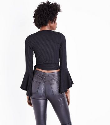 Black Ribbed Bell Sleeve Wrap Top | New Look