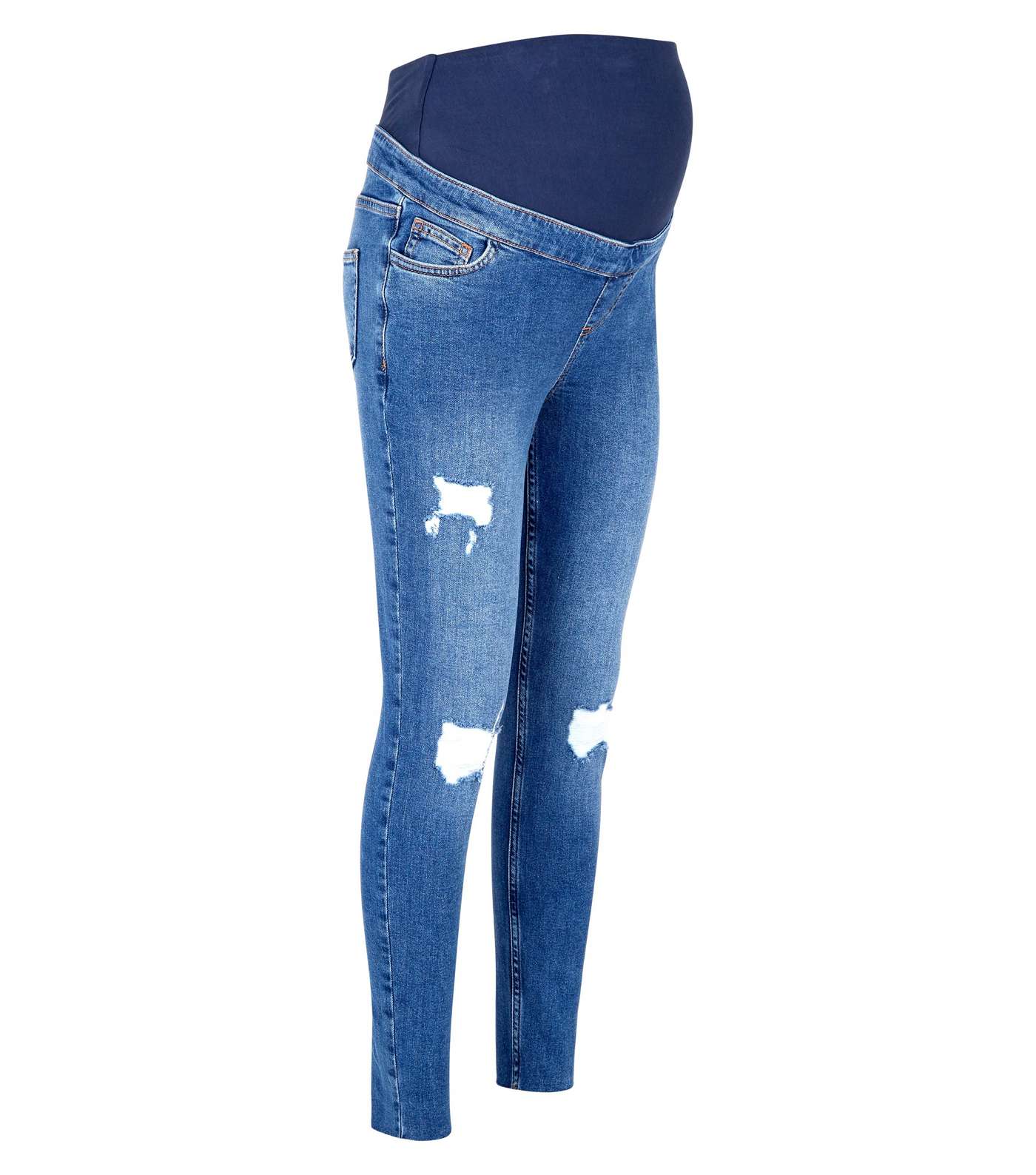 Maternity Blue Mid Wash Ripped Over Bump Skinny Jeans Image 4