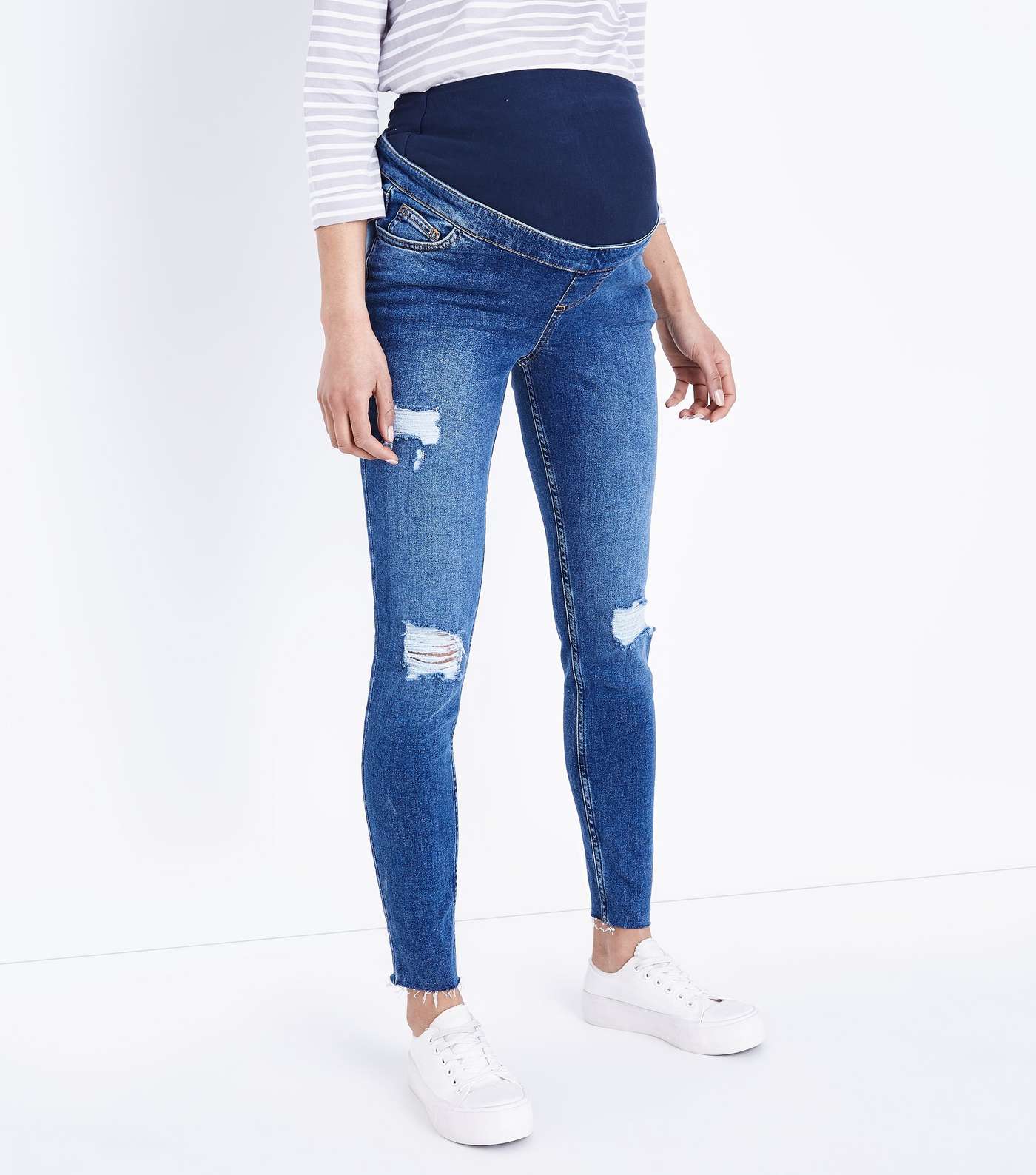Maternity Blue Mid Wash Ripped Over Bump Skinny Jeans Image 2