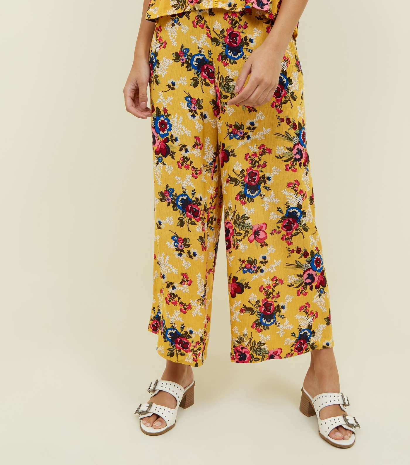 Mustard Yellow Floral Crepe Cropped Trousers Image 2