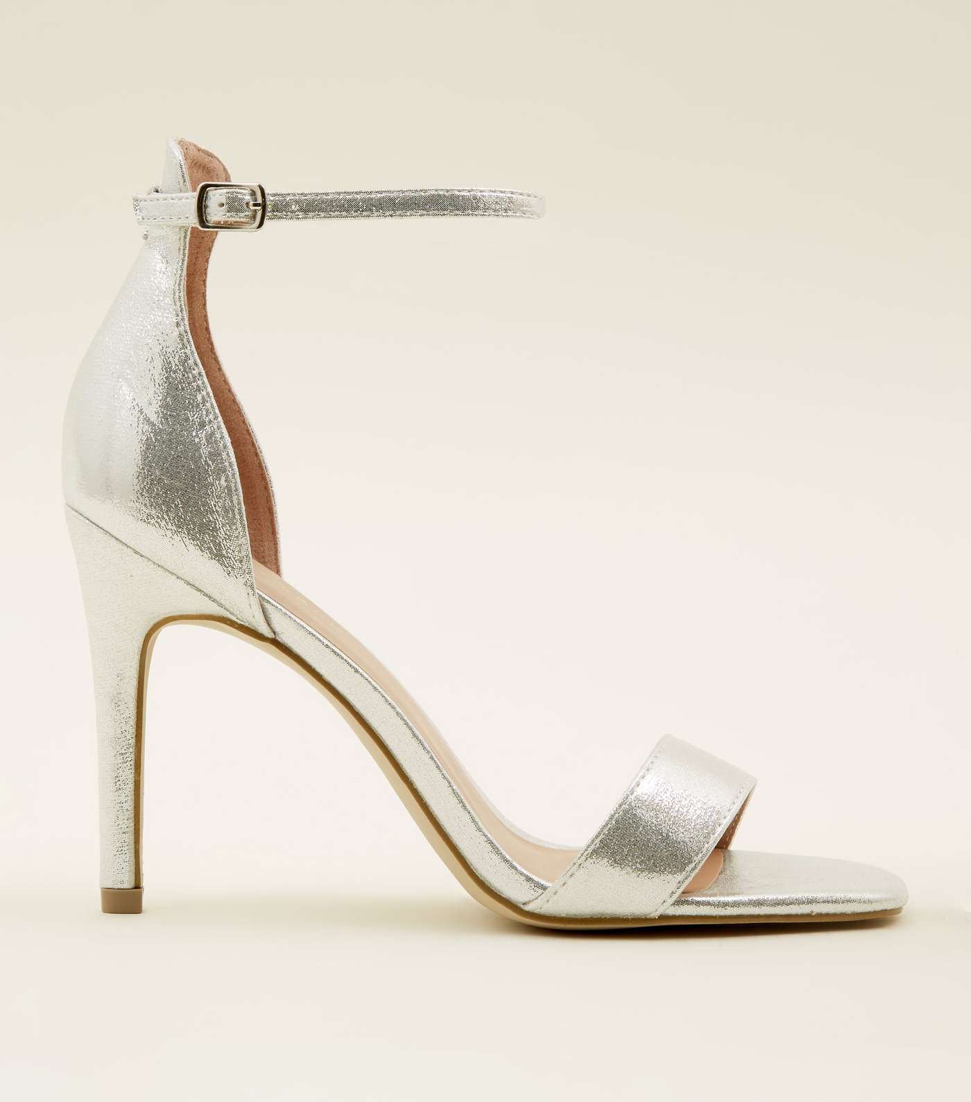 Silver Shimmer Ankle Strap Stiletto Sandals
