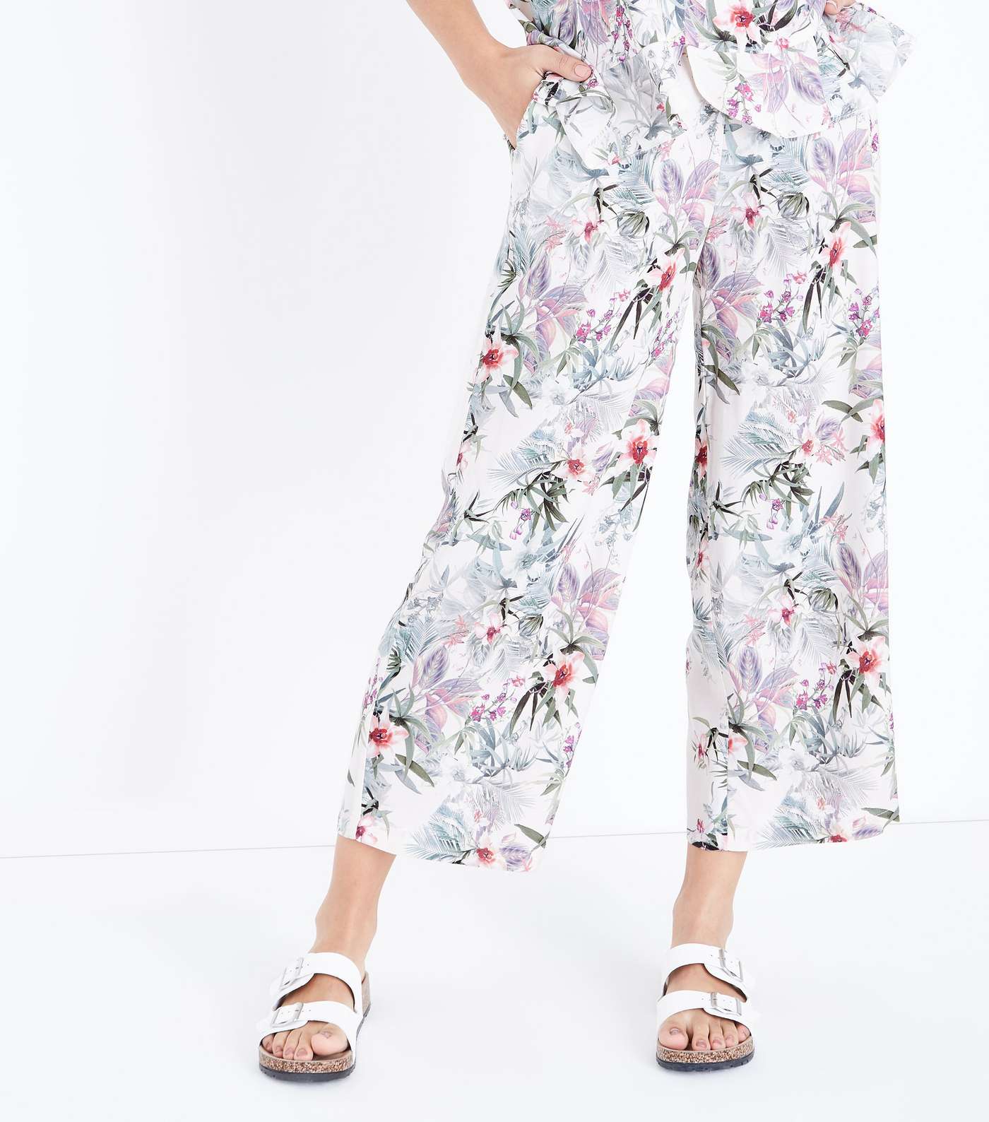 White Tropical Print Cropped Trousers Image 2