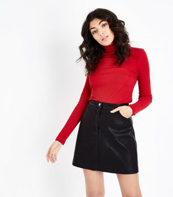 black skirt and red top