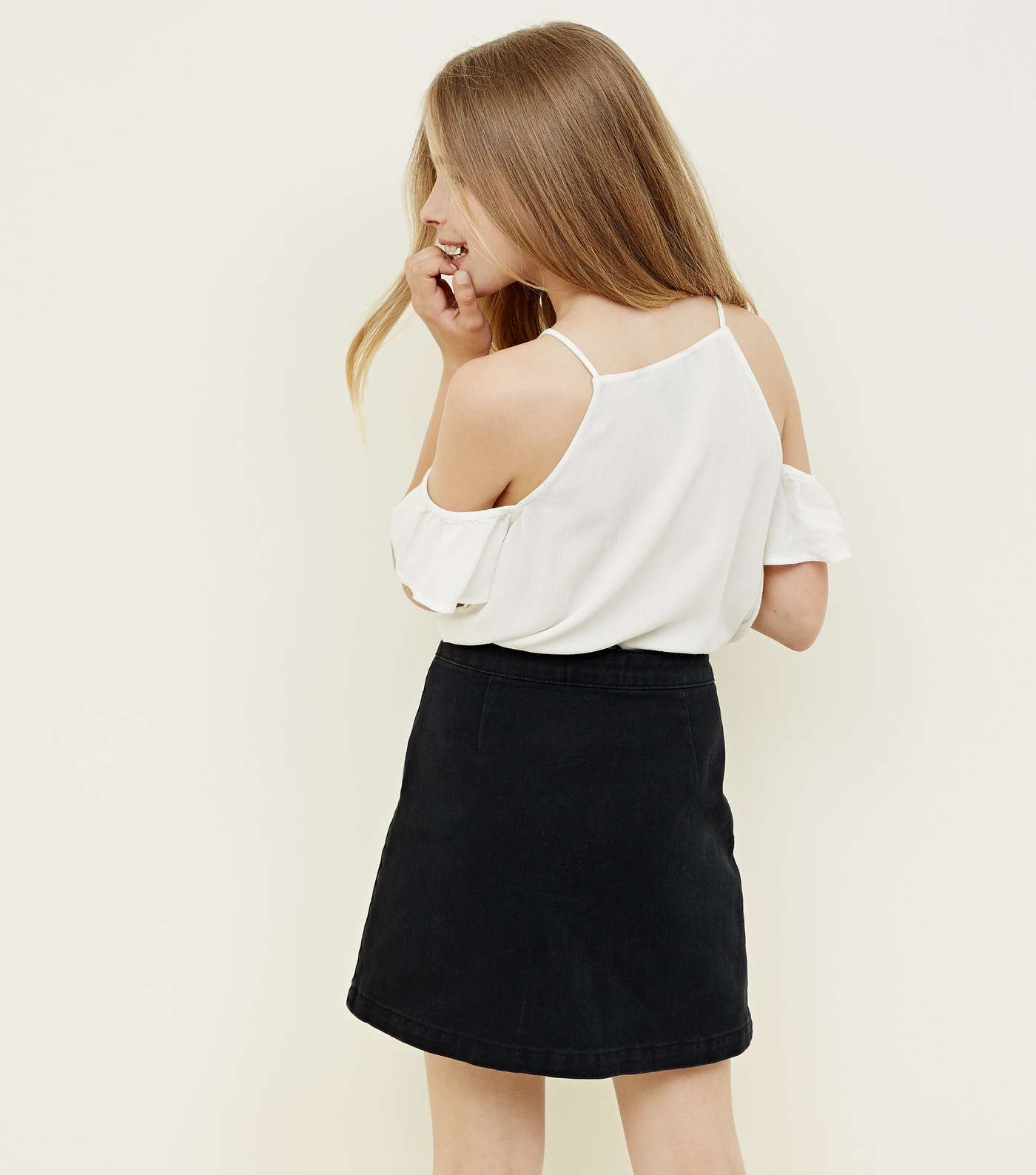 Girls Black Button Front Denim Skirt Image 3