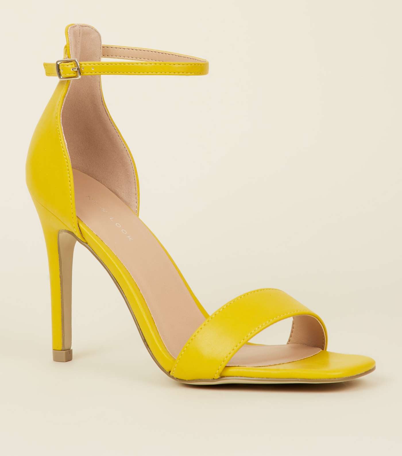 Yellow Leather-Look Square Toe Stiletto Sandals