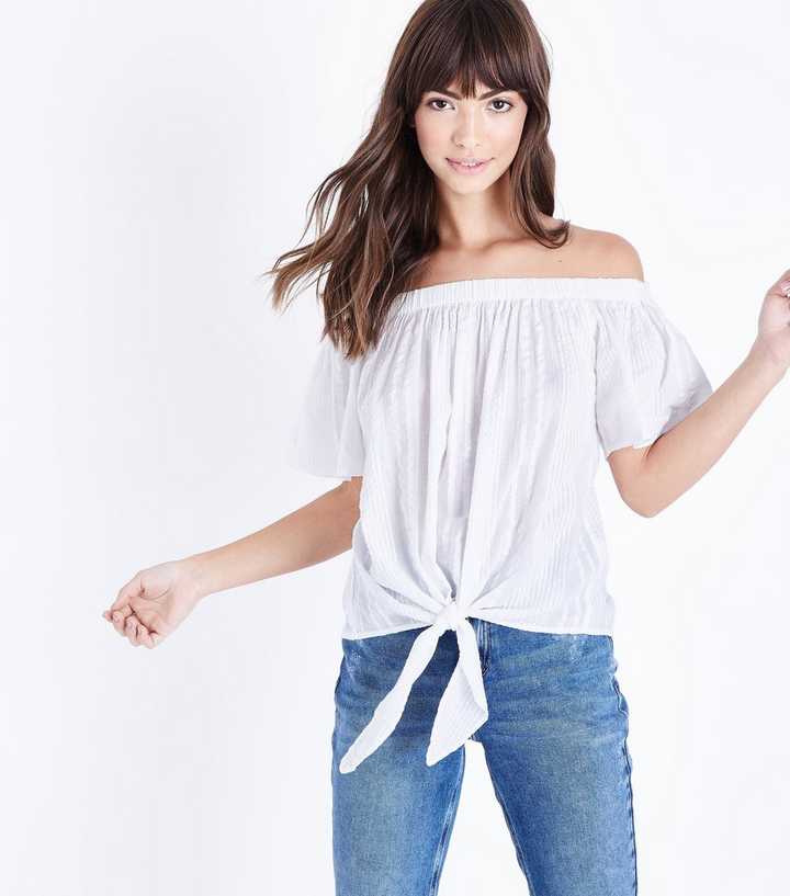 White Tie Front Bardot Neck Top