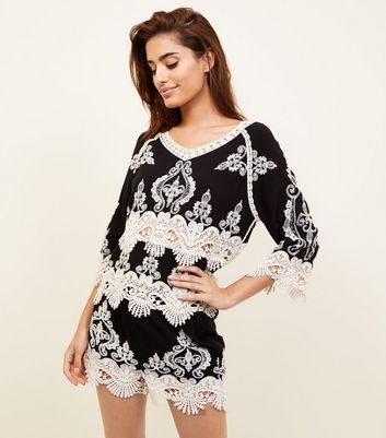 Black Crochet 3/4 Sleeve Top | New Look