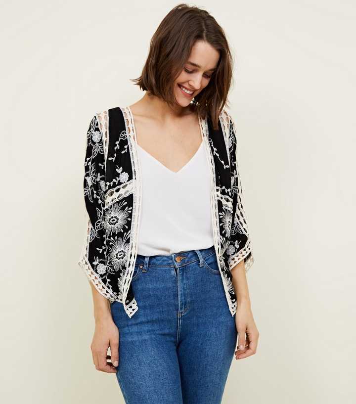 Black Floral Embroidered Crochet Trim Kimono