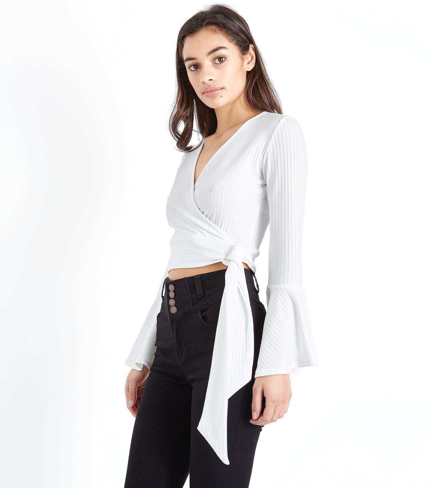 Petite Off White Wrap Front Ribbed Crop Top