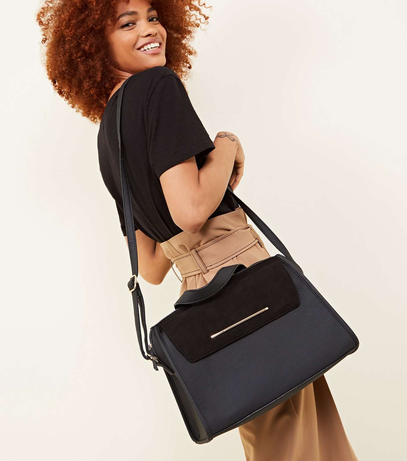 Black Leather-Look Top Handle Tote Bag Image 2