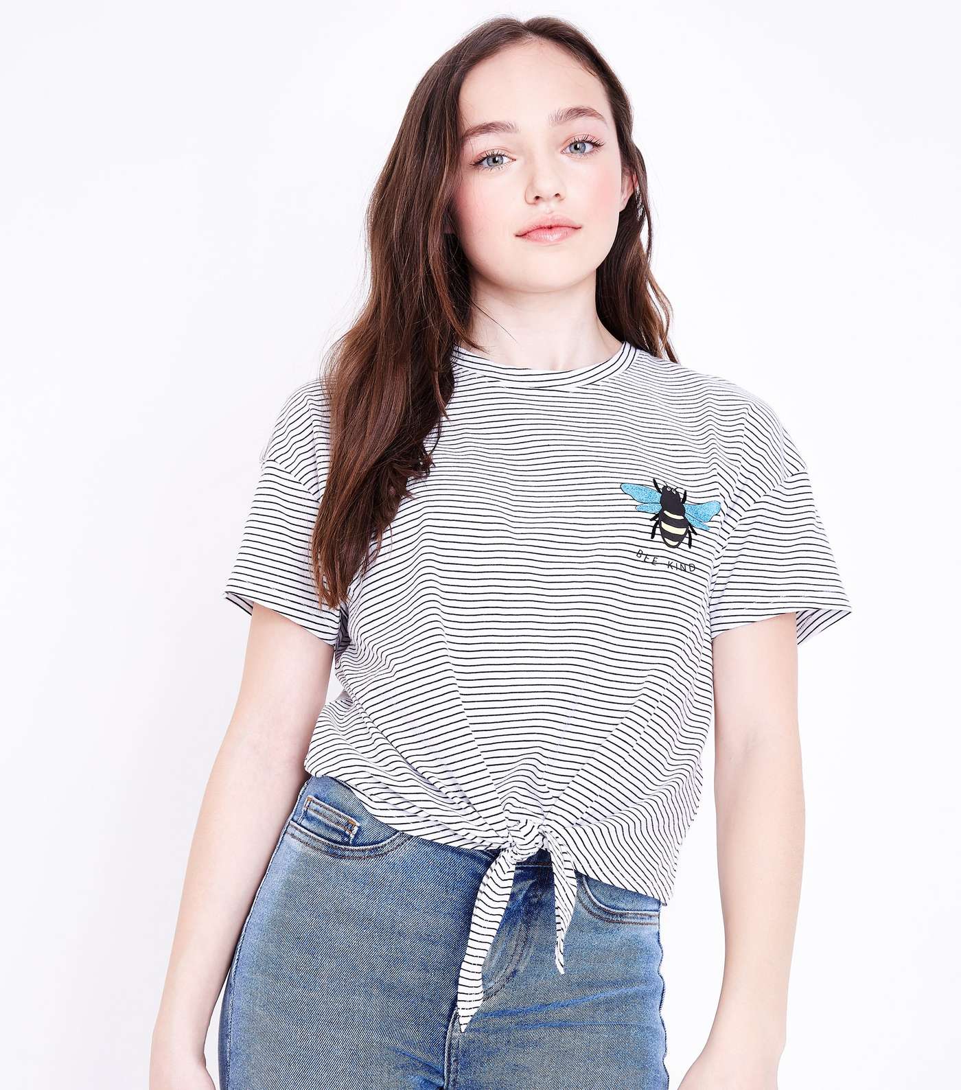Girls White Stripe Bee Kind Embroidered Tie Front T-Shirt