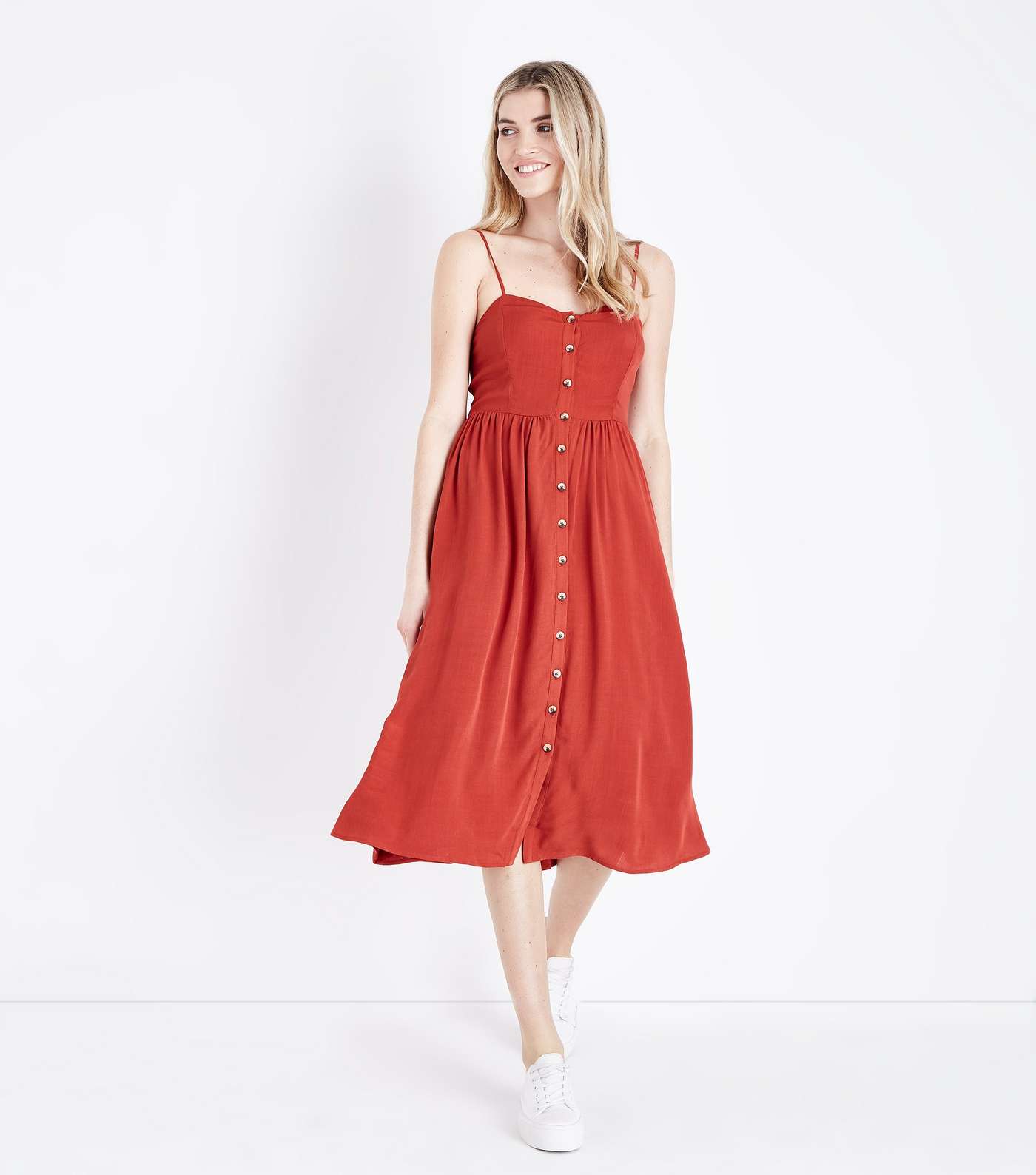 Red Button Front Midi Dress Image 2