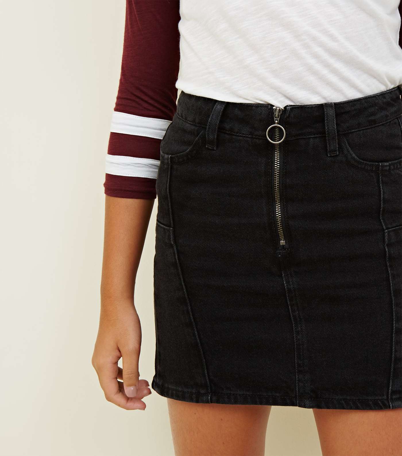 Girls Black Zip Front Denim Skirt  Image 5