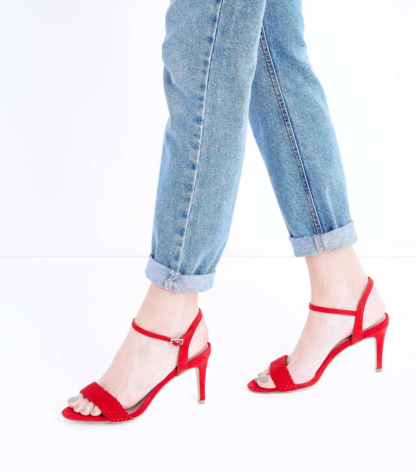 Red Suedette Woven Strap Stiletto Heels Image 2