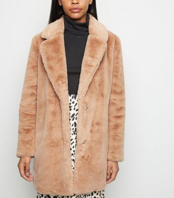 Camel Faux Fur Longline Coat New Look