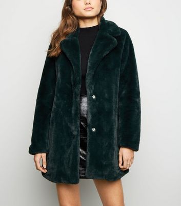 Dark Green Faux Fur Longline Coat New Look