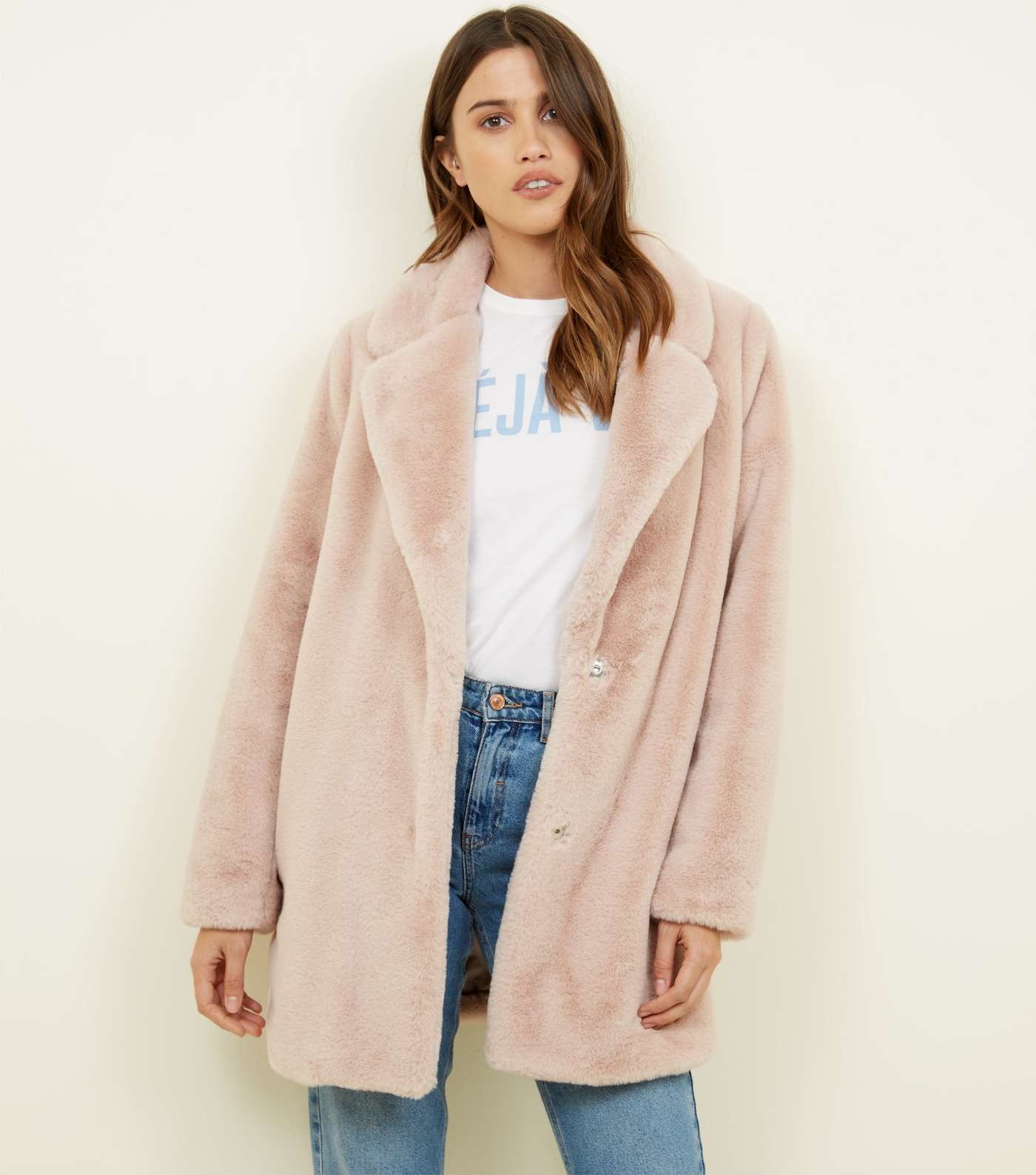 Pale Pink Faux Fur Longline Coat