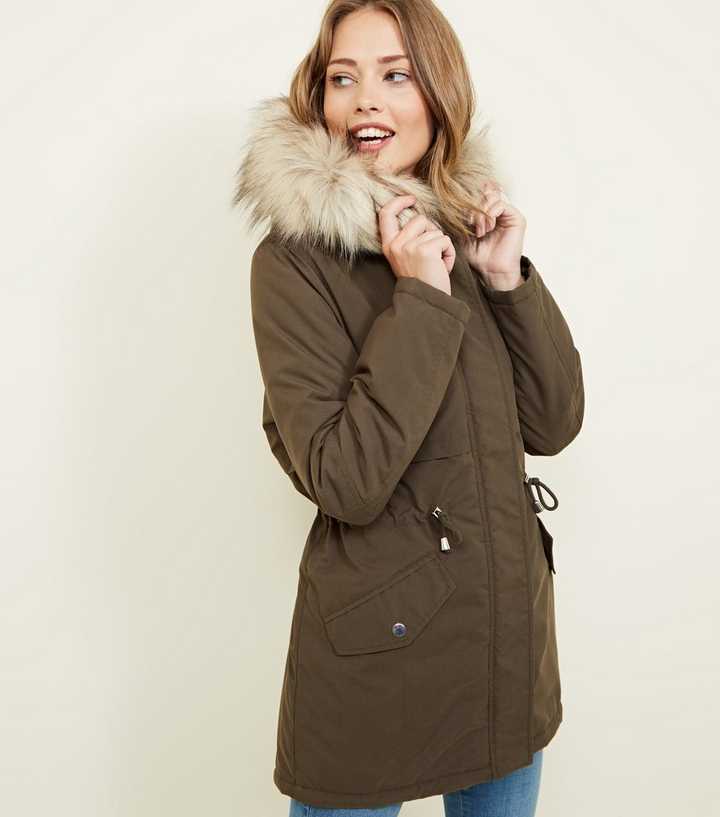 Khaki Faux Fur Trim Hooded Parka