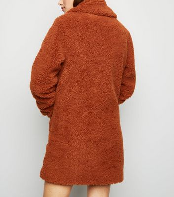 Rust Quilted Lining Teddy Coat New Look