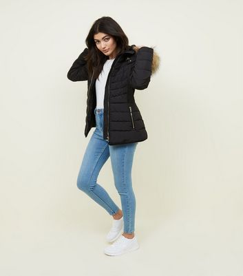 Girls Black Faux Fur Trim Hood Belted Puffer Jacket