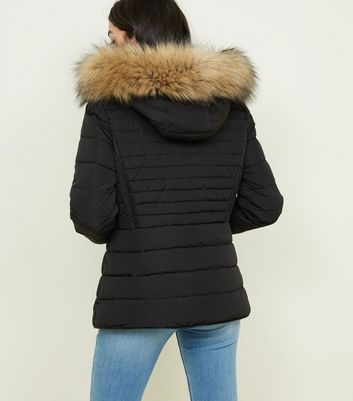 black coat with fur hood new look