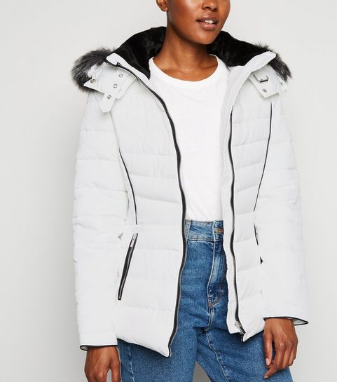 White Faux Fur Trim Hooded Puffer Jacket