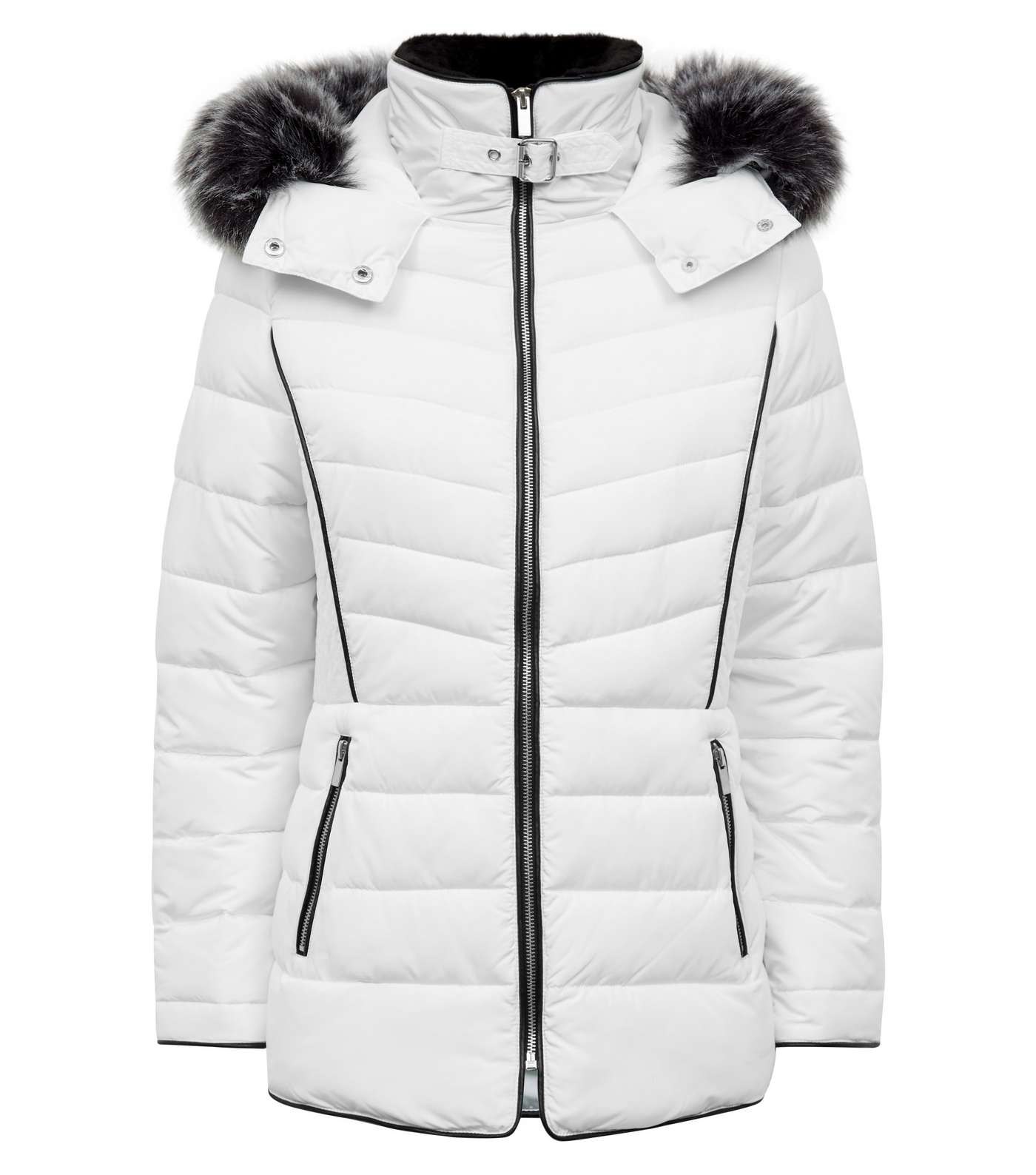 White Faux Fur Trim Hooded Puffer Jacket Image 4
