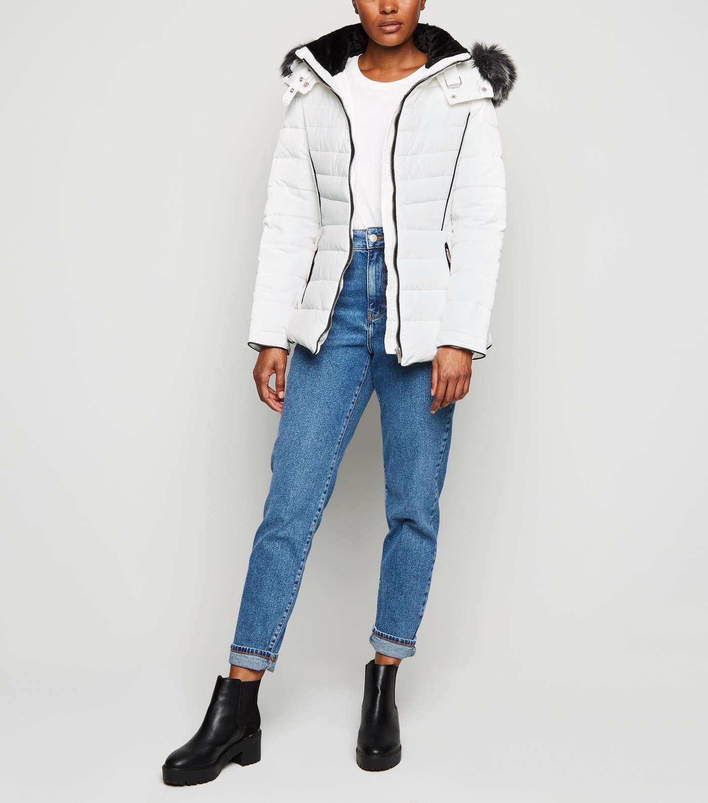 White Faux Fur Trim Hooded Puffer Jacket Image 2
