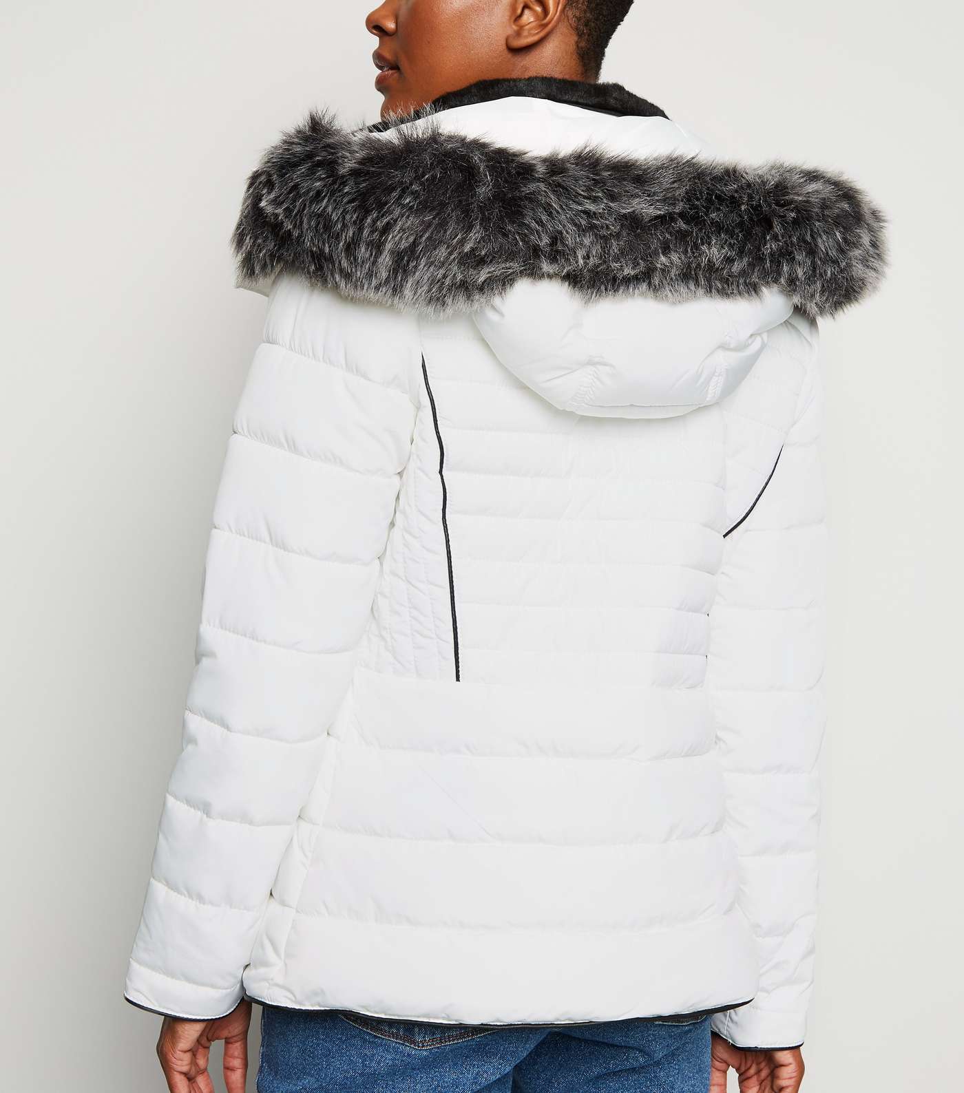 White Faux Fur Trim Hooded Puffer Jacket Image 6