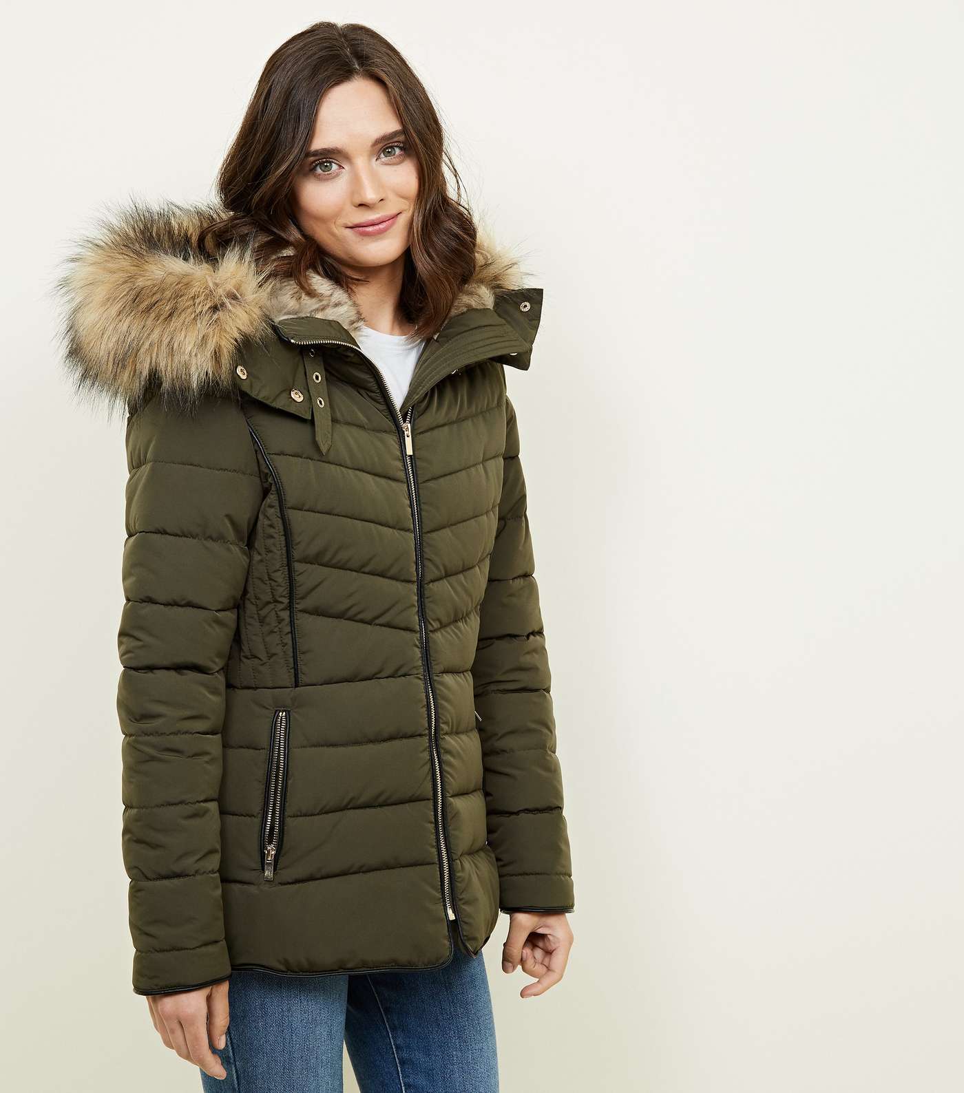 Olive Faux Fur Trim Hooded Puffer Jacket