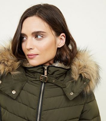 Olive faux fur on sale trim hooded puffer jacket