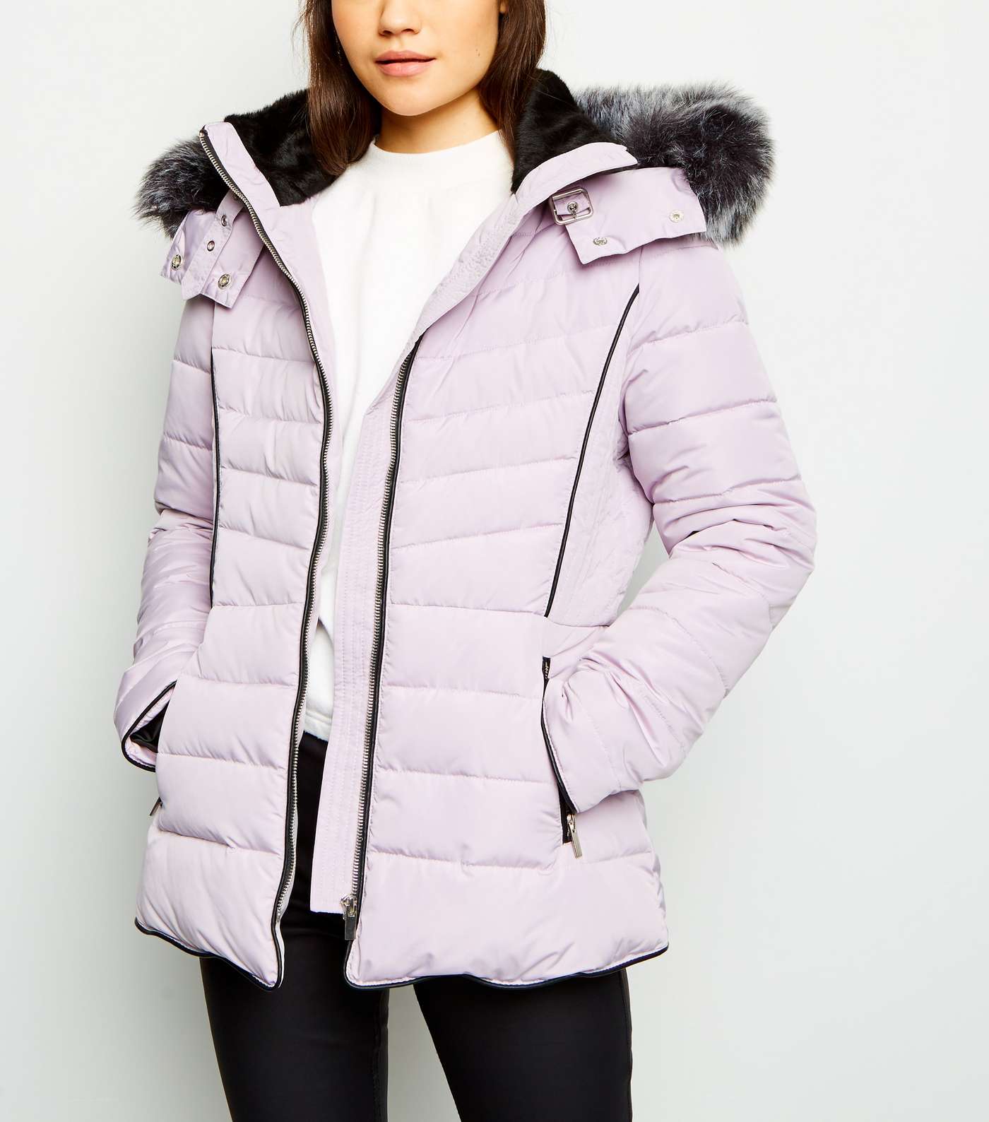 Lilac Faux Fur Trim Hooded Puffer Jacket
