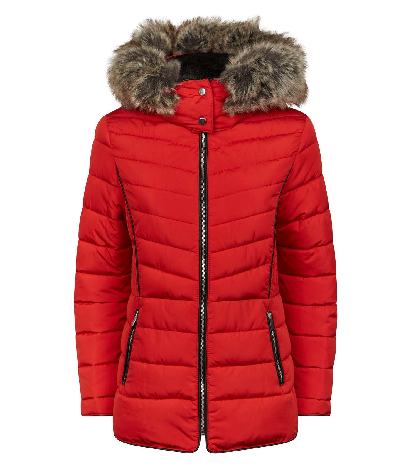 Red Faux Fur Trim Hooded Puffer Jacket Image 4