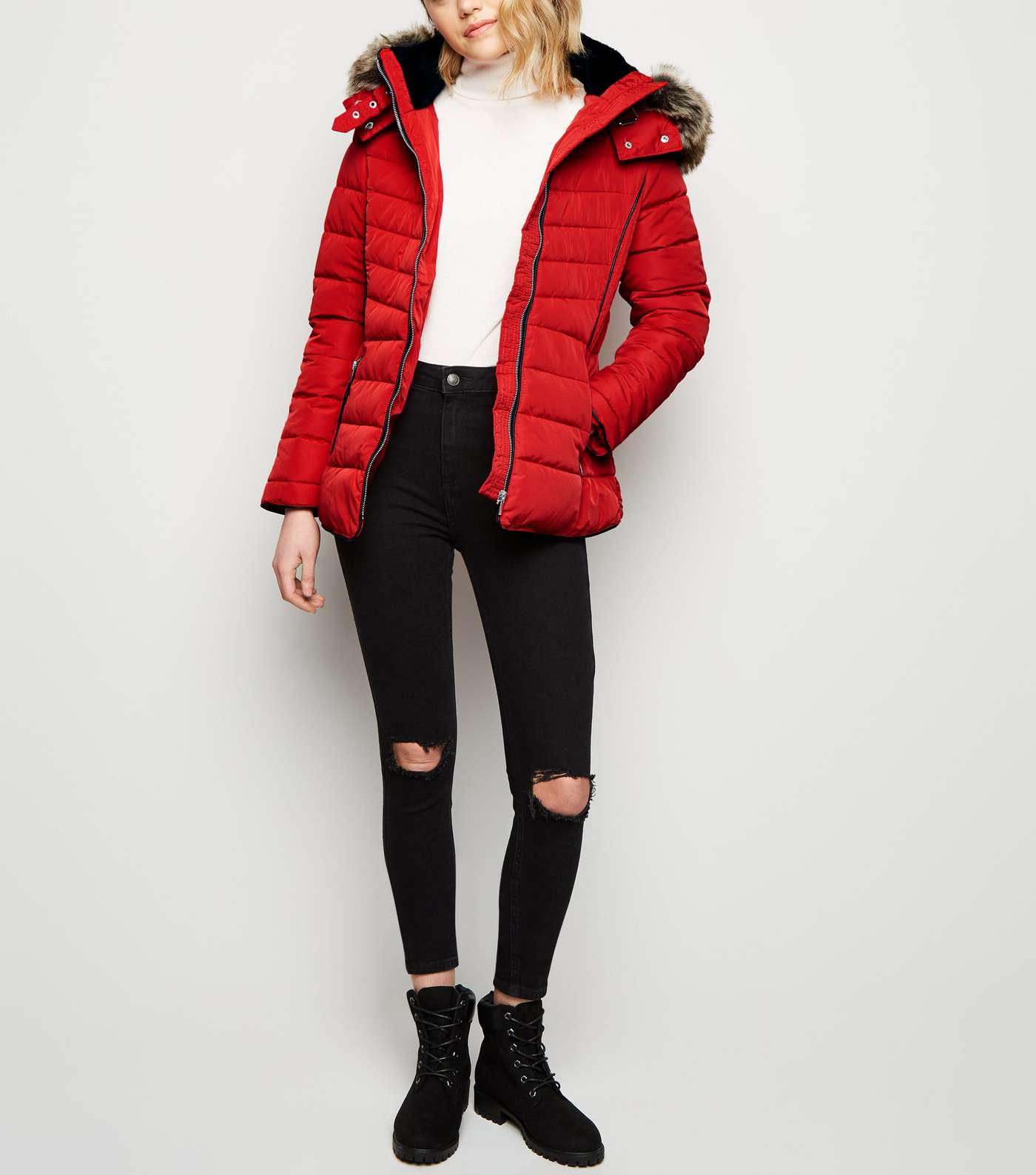 Red Faux Fur Trim Hooded Puffer Jacket Image 2