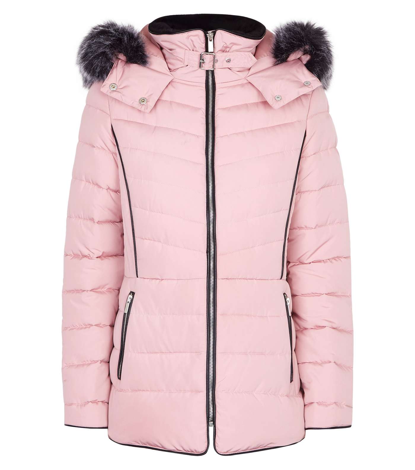 Mid Pink Faux Fur Trim Hooded Puffer Jacket Image 4