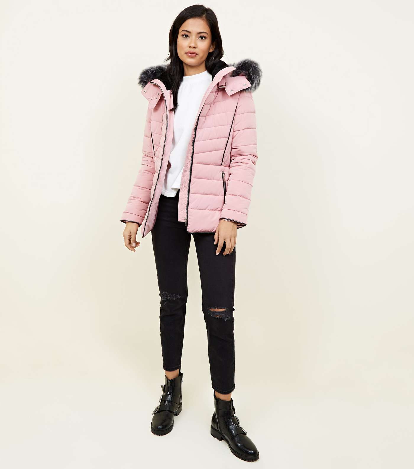 Mid Pink Faux Fur Trim Hooded Puffer Jacket Image 2
