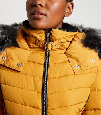 Mustard padded coat discount with fur hood