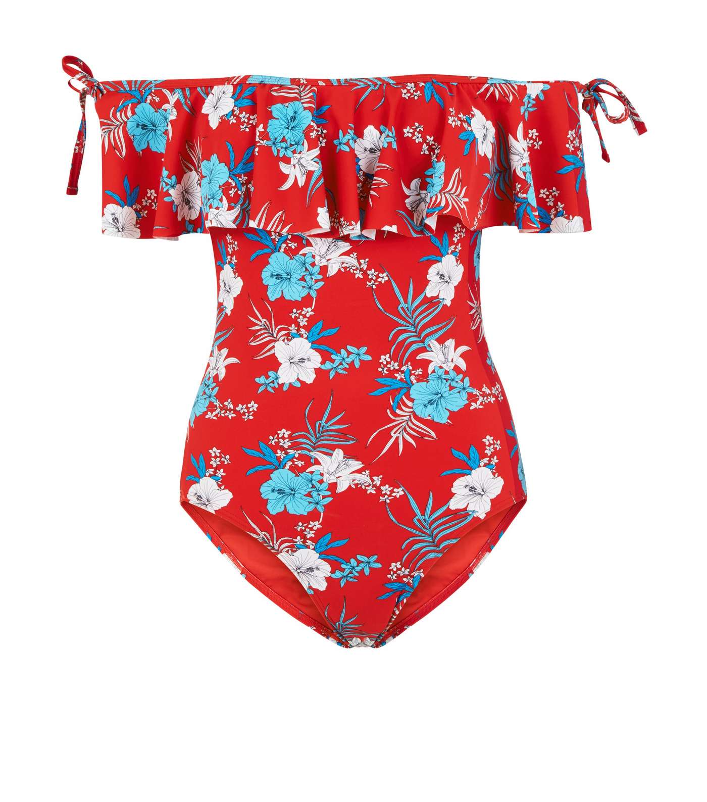 Red Floral Frill Bardot Swimsuit  Image 4
