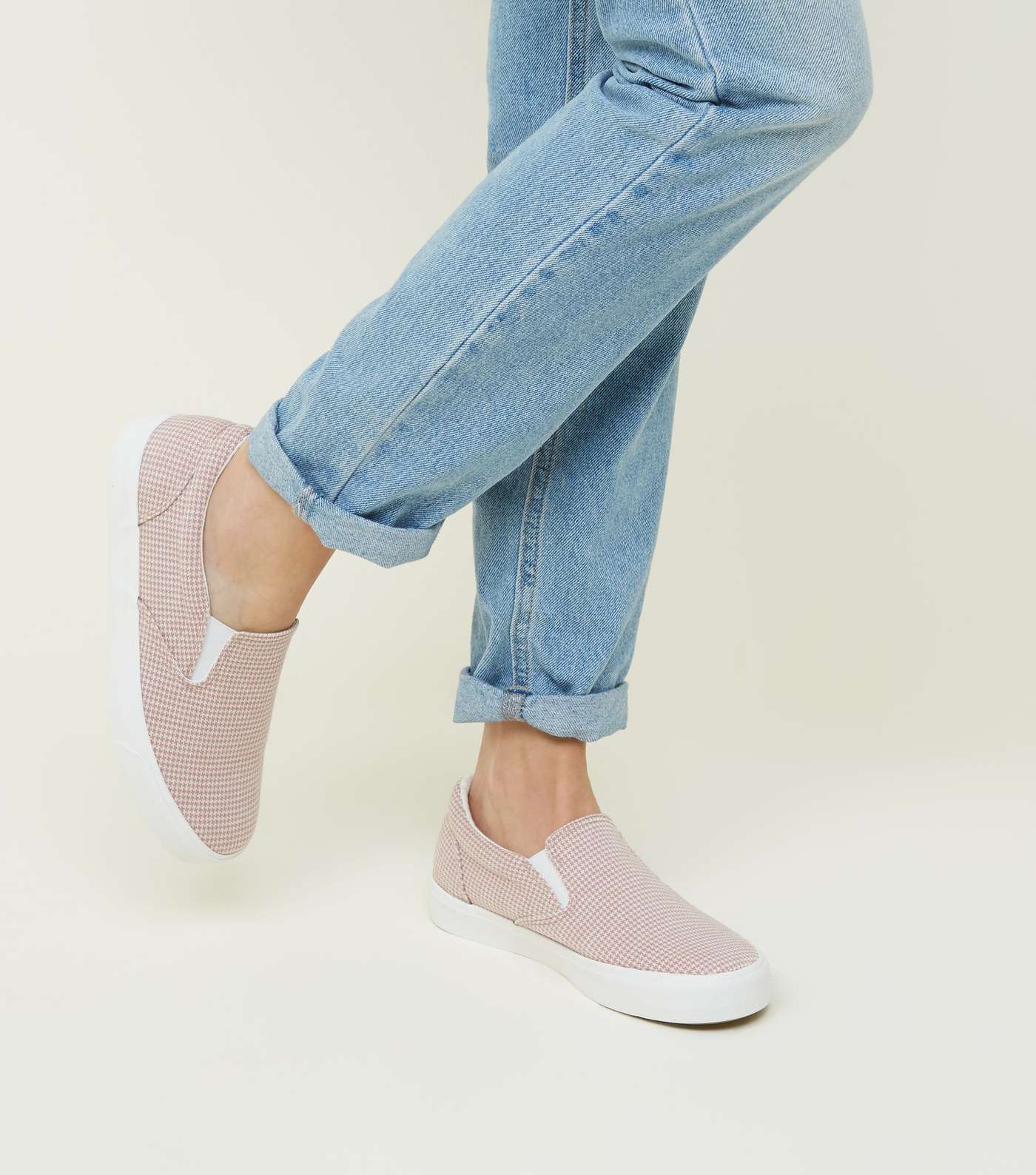 Pink Canvas Houndstooth Slip On Trainers Image 2