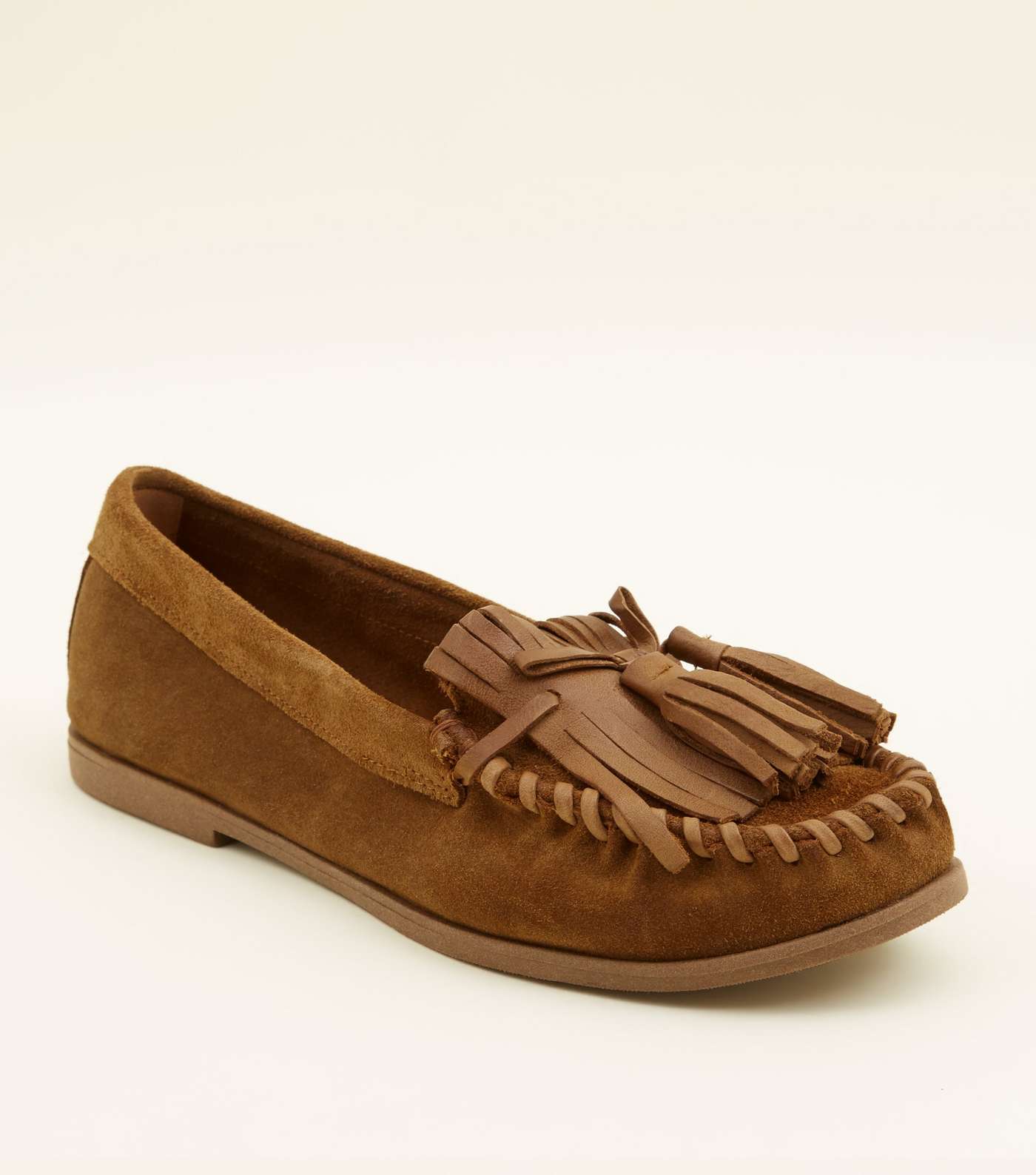 Tan Suede Whipstitch Fringe Trim Loafers 