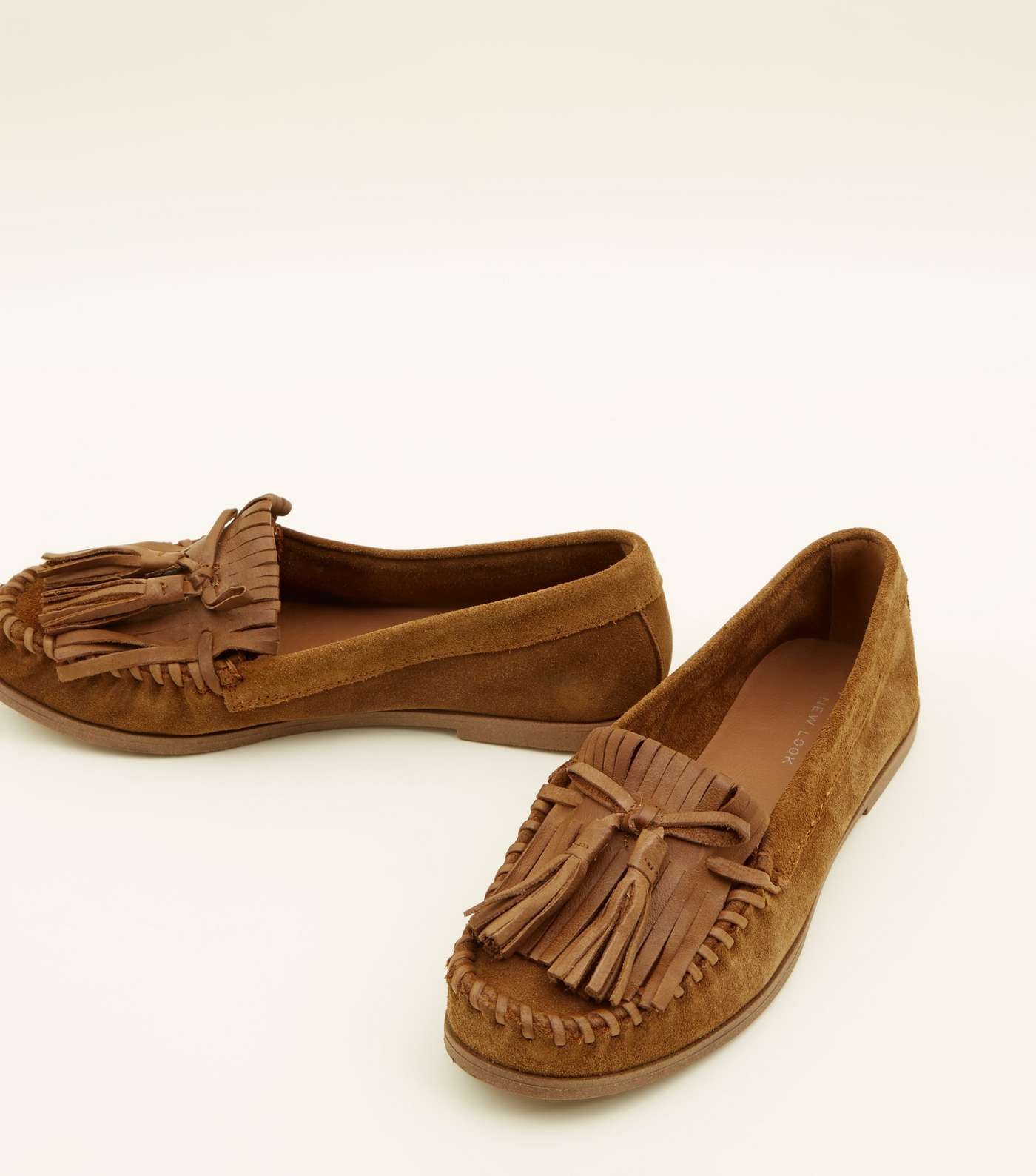 Tan Suede Whipstitch Fringe Trim Loafers  Image 3