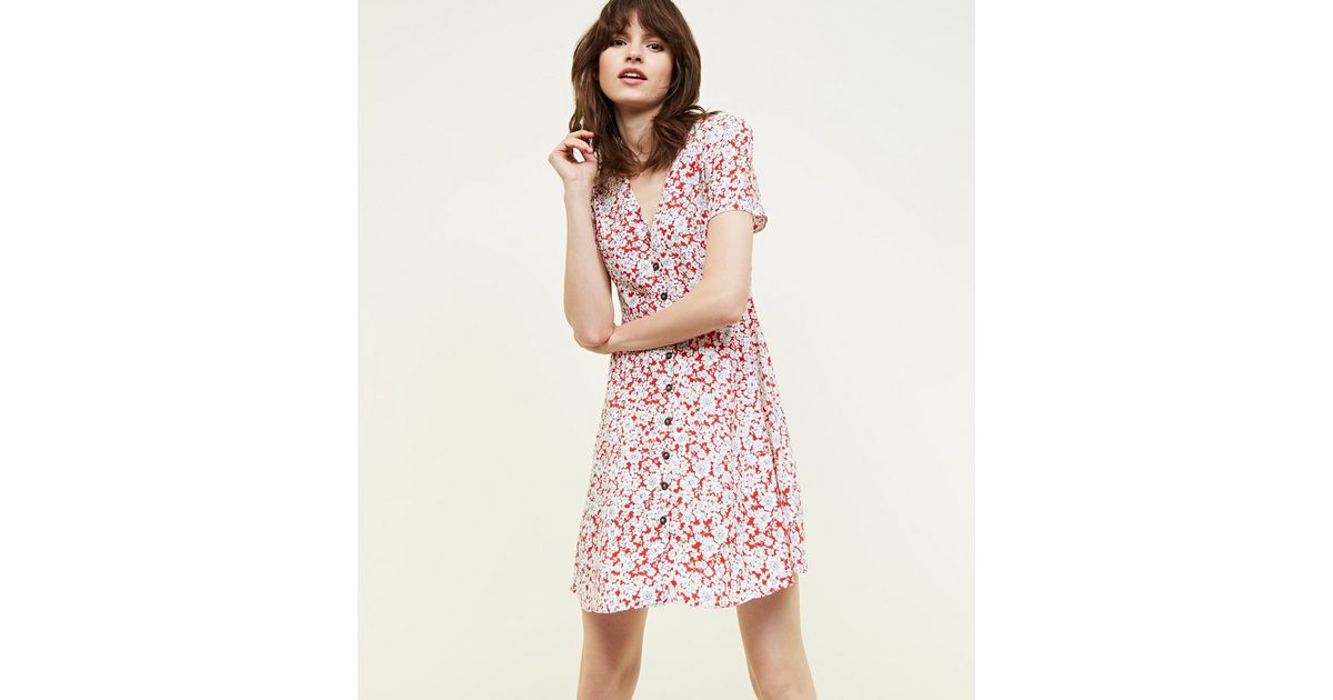 Red Floral Button Front Tea Dress | New Look